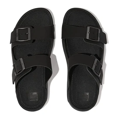 Image of Fitflop GOGH MOC MENS BUCKLE LEATHER SLIDES Men&#039;s, BLACK, 12 UK