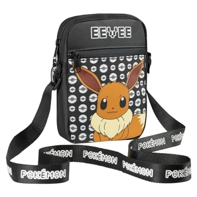 Image of Pokemon Shoulder Bag Cross Body for Kids Adjustable Strap Pikachu Small Travel Gamer Gifts (Black Eevee)