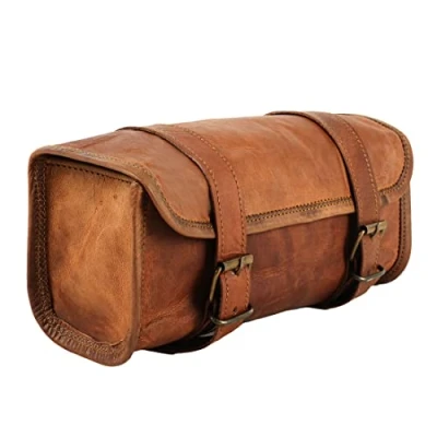 Image of The Vintage Stuff Leather Handlebar Bag Brown Saddle Motorcycle Bicycle Tool Buff Travel Accessory Pouch (Tan Brown)