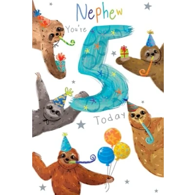 Image of Nephew 5th Birthday Card Age 5 Sloths 9&quot; x 6&quot; Lovely Verse