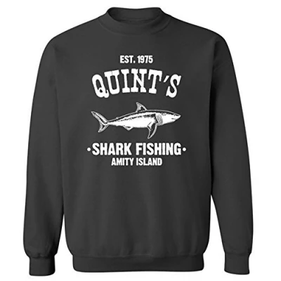 Image of Quints Fishing Shark Jaws Inspired Amity Cult Movie Crew Neck Sweatshirt Charcoal Grey (XL)