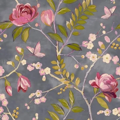 Image of Grandeco Lola Painted Floral Trail Smooth Wallpaper, Charcoal Pink