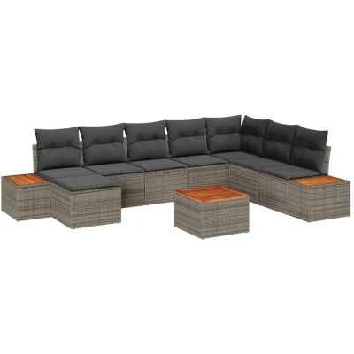Image of vidaXL 9 Piece Garden Sofa Set with Cushions Grey Poly Rattan Acacia