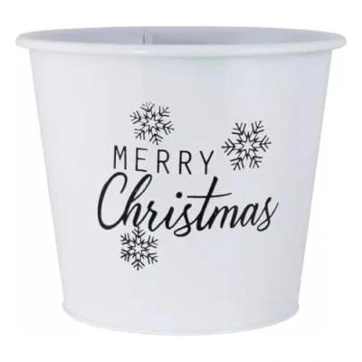 Image of Fyne Finds Metal Merry Christmas White Plant Pot Pail 20cm, 8inch Planter Xmas Decor SnowFlakes Themed Pots (1)