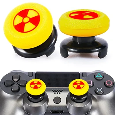 Image of Playrealm FPS Thumbstick Extender &amp; 3D Texture Rubber Silicone Grip Cover 2 Sets for PS5 Dualsenese PS4 Controller (Radiation Yellow)