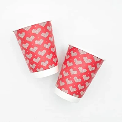 Image of Valentines Day Paper Cups 12oz Hot Drink Disposable Printed Takeaway Coffee Cup Knitted Hearts Design (200)