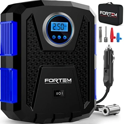 Image of FORTEM Tyre Inflator Air Compressor, Car Pump, 12v, Electric Pump for Tyres w/LED Light, Digital Bikes, Auto Pump/Shut Off, Carrying Case