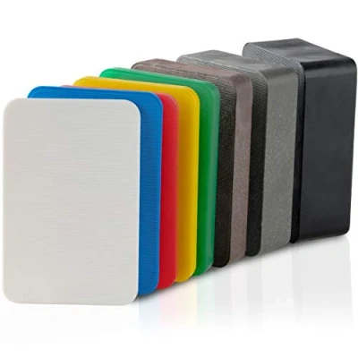 Image of BAUHELD® Universal underlay plates 60 x 40 mm [40/80/160 pieces] multicoloured plastic backing [made in Germany] spacer wedges sizes: 1.5, 2, 3, 4, 5, 10, 15, 20