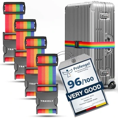 Image of Travely® Premium Luggage Strap Particularly Eye catching &amp; Safe Includes 2 Name Tags Suitcase Ideal Cross Set of 4 Rainbow