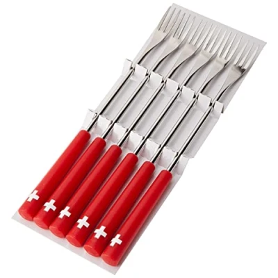 Image of KUHN RIKON 32206 Cheese Fondue Forks Swiss Cross 6 Pieces, Stainless Steel, Silver/Red, 26.5 x 1.5 cm