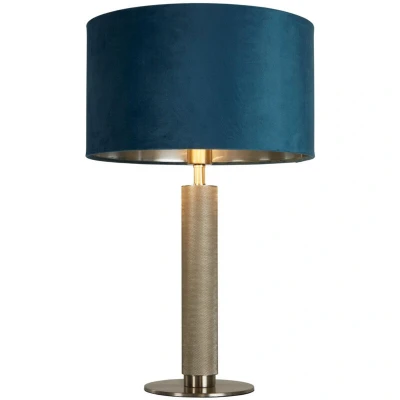 Image of London Table Lamp Knurled Satin Silver, Teal Velvet Shade