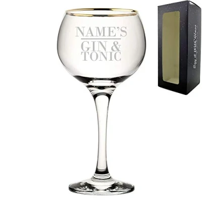 Image of Personalised Engraved Novelty Gold Rim Gin Balloon &quot;Name&#039;s and Tonic&quot; Gift Boxed, for Lovers, Birthdays, Christmas