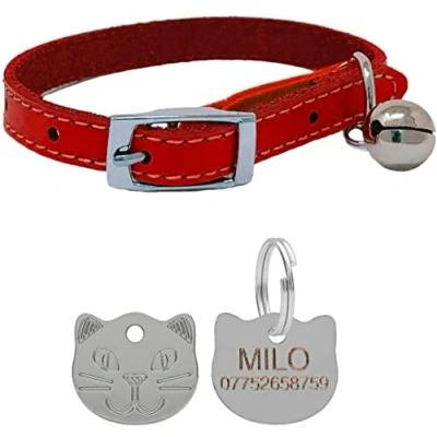 Image of Genuine Leather Cat Collar with Safety Elastic &amp; Bell Personalised Engraved Face Tag (Red)
