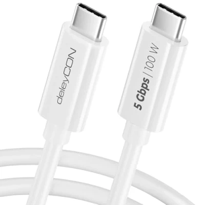 Image of deleyCON 2 m USB C Cable (100 W Fast Charging + Data 5 Gbit/s) for iPhone 16 15 Pro Max Samsung Galaxy S24 S23 Pixel iPad MacBook Air Tablets Switch PS5 White