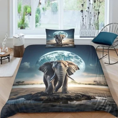 Image of GEEYOU Elephant Warmth to Sleep Comforter Cover Hidden Zipper African Duvet Set with Pillowcases Bedding Soft Microfiber Quilt Various Sizes Single（135x200cm）