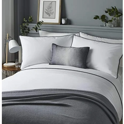 Image of Serene Pom Easy Care Duvet Cover Set Super King Size White Bedding with Grey Poms