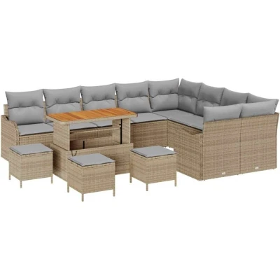 Image of vidaXL 13 Piece Garden Sofa Set with Cushions Beige Poly Rattan Acacia