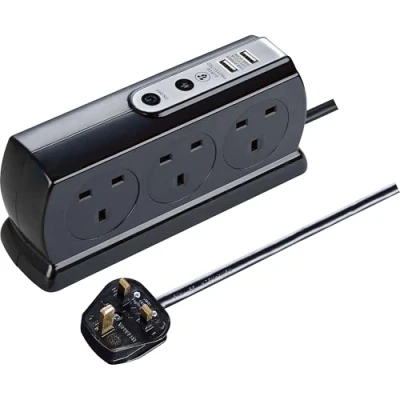 Image of Masterplug Six Socket Switched Inline Power Surge Protected Extension Lead with Two USB Charging Ports, 2 Metres, Gloss Black