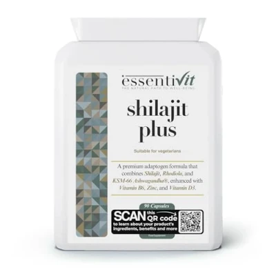 Image of essentiVit Shilajit Plus Premium Adaptogen Blend with Shilajit, KSM 66® Ashwagandha, Rhodiola, Vitamin B6, Zinc &amp; D3 90 Capsules Suitable for Vegetarians