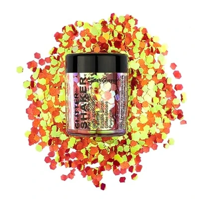 Image of Stargazer Chunky glitter Shaker, UV Orange. Cosmetic for use on the eyes, lips, face, body, hair and nails.