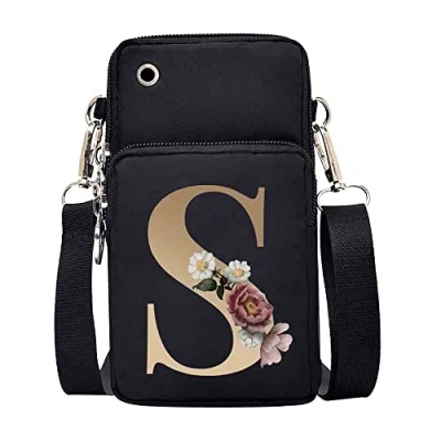 Image of FINDING CASE initial letter Printed Women Girls men Zipper Waterproof Nylon 3 Layers Crossbody Bags Wallet Cellphone Purse Shoulder Bag Wristlet Handbags Adjustable Strap (gold S)