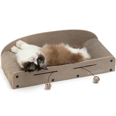 Image of FUKUMARU 66 cm Cat Scratcher Lounge Bed, Extra Large Lounger Durable Cardboard 2 Reversible Scratching Pads for Indoor Cats, Scratch Bed Ball Toy, Beige