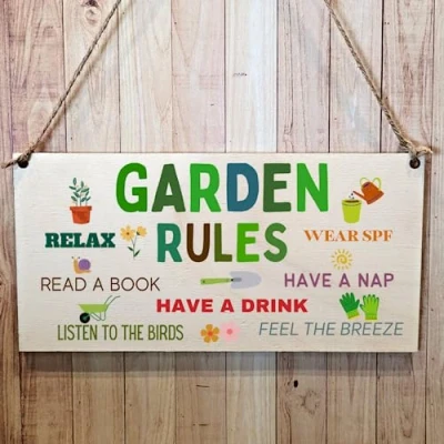 Image of Second Ave Funny Garden Rules Wooden Hanging Gift Rectangle Sign Plaque