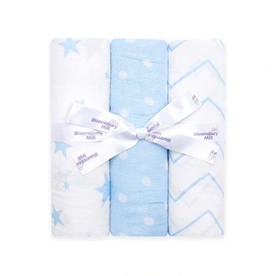 Image of Bloomsbury Mill Baby Swaddle Blanket Soft 100% Organic Cotton Swaddles for Newborn Large Muslin Cloths Boys Pack of 3 Essentials Blue &amp; White 120x120cm