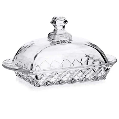 Image of Quality Glass Transparent Butter Dish with Lid and Handle Caro Pattern