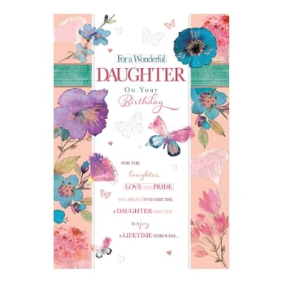 Image of Artistic Words n Wishes Daughter Birthday Card Beautiful Watercolour Floral and Butterfly Design Attractive Embossed Foil Finish For Her (WW Y002)