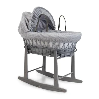 Image of Clair de Lune Waffle Grey Wicker Moses Basket with Standard Rocking Stand 68 x 30 cm (Grey)