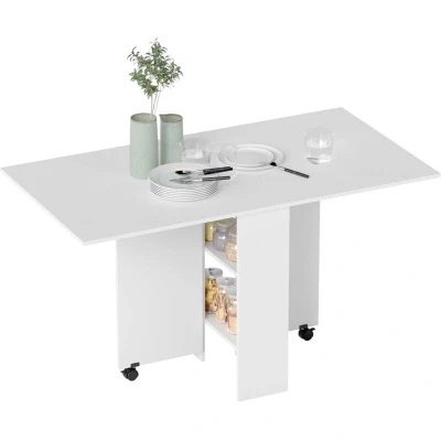 Image of HOMCOM Mobile Drop Leaf Dining Table Folding Desk w/2 Wheels Storage Shelves White