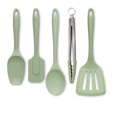 Image of Zeal JSET45G Non Stick Silicone Cooking Tongs, Turner, Spatula Spoon &amp; Cook 5 Piece Set Sage Green