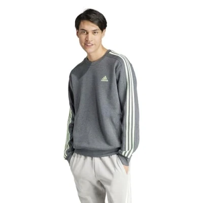 Image of adidas Men&#039;s Essentials Fleece 3 Stripes Sweatshirt, dark grey heather/semi green spark, S