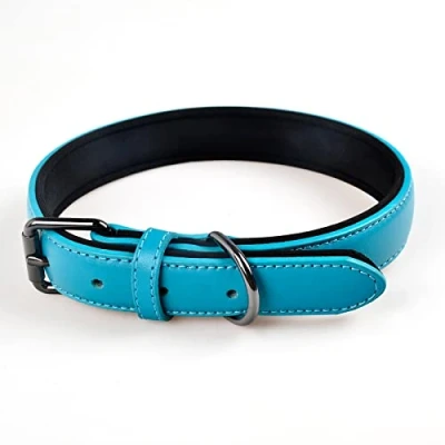Image of OFHome Dog Collar for Small Medium Large Dogs, Soft Padded Leather with D Ring, Adjustable Heavy Duty Collar, Blue, M