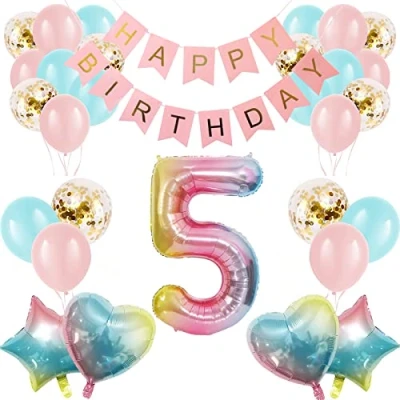 Image of Apradas Baby Girl 5th Birthday Decorations Gradient Color Age 5 Balloons with Happy Banner for Showers Fifth Party Supplies Girls Boys (5th Birthday)