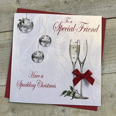 Image of White Cotton Cards To A Special Friend Have Sparkling, Handmade Christmas Card. (Champagne Flutes, Code xx14 64)