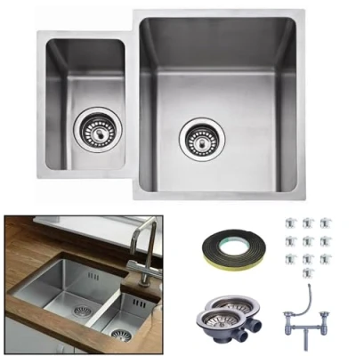 Image of ARA CHOICE Stainless Steel Kitchen Undermount Sink 1.5 Square Compact Catering Super Deep Bowl Modern Reversible with Drainer &amp; Inset Plumbing Wastes Set