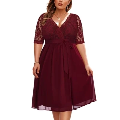 Image of Pinup Fashion Plus Size Lace Chiffon Wrap V Neck Dresses Women Cocktail Wedding Guest Midi Dress, Burgundy, 22