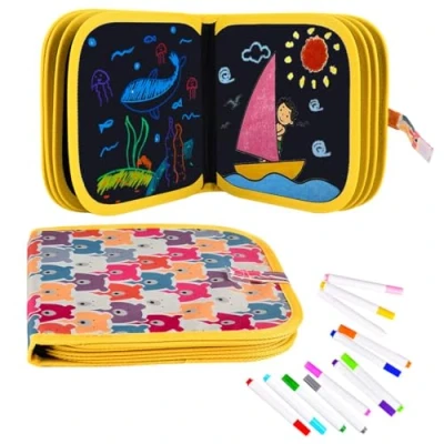 Image of Funkprofi Children&#039;s Colouring Book with 12 Pencils, Sketch/Graffiti Book, Reusable, Portable, Wipe Clean, 14 Pages (Bear)