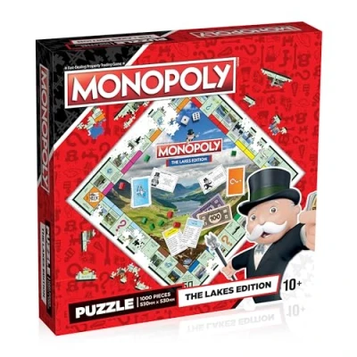 Image of Winning Moves the Lakes Monopoly 1000 piece Jigsaw Puzzle Game, together some of most beloved features including Wray Castle and Langdale Pikes, gift toy for ages 10 plus
