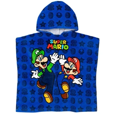 Image of Super Mario Kids Towel Poncho Blue Brothers Game Hooded Bath for Boys Luigi &amp; With Graphic All Over Print Beach Robe Cosy Bathing Merchandise Gift Children Teens