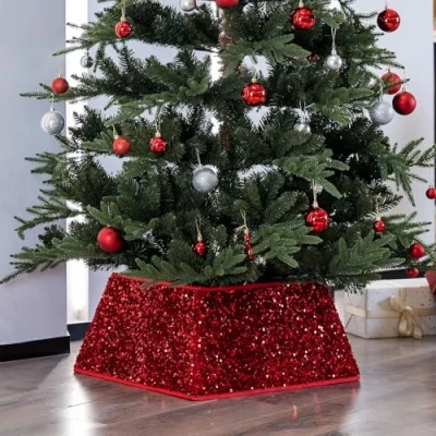 Image of Taylor &amp; Brown Dazzling Sequin Square Christmas Tree Skirt Stand Base Xmas Natural Folding Collar Basket Cover Decoration Tidy Home Decor 48 x 25cm (Red)