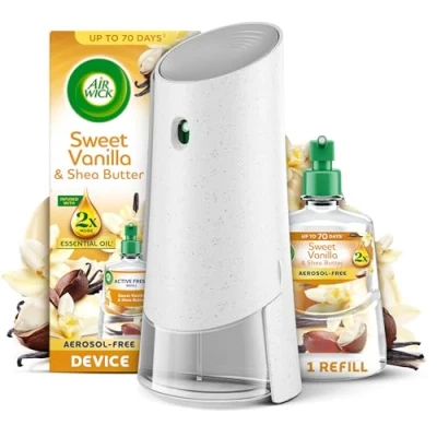 Image of Air Wick Sweet Vanilla &amp; Shea Butter Aerosol Free Automatic Spray Kit, Lasts up to 70 days, Freshener