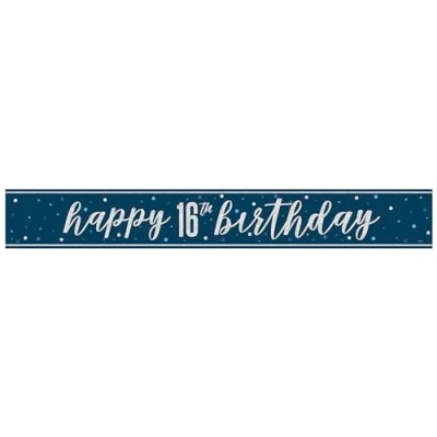 Image of Unique 82548 Foil Happy 16th Banner 2.74 m Glitz Blue Birthday Party 1 Count (Pack of 1), Multicolour