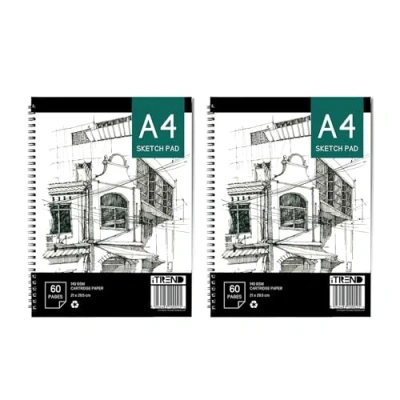 Image of iTrend A4 Artist Sketch Book Spiral Sketchbook White Cartridge Art Drawing Paper 60 Pages Pad 140GSM 21 x 29.5cm Pack of 2