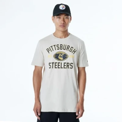 Image of PITTSBURGH STEELERS New Era Cap NFL Regular T Shirt Distressed Screenprint Team Graphic Stone Unisex