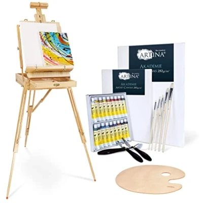 Image of Artina Easel Stand with Tripod Legs Madrid Painting for Artists Pinewood Art Canvas Holder Foldable &amp; Lightweight Storage Box Set Wooden