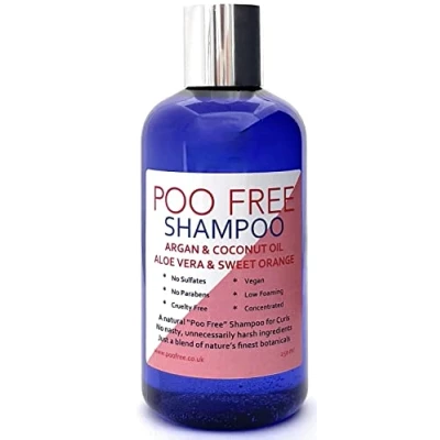 Image of POO FREE Shampoo For Curly Hair 99% Natural Argan, Coconut, Sweet Orange. Sulfate/Parabens Free. Gentle, Concentrated. pH 5.5 Sensitive Skin. 250ml