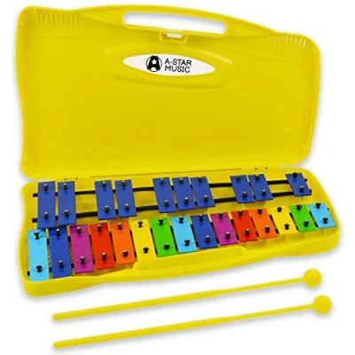 Image of A Star 25 Note Colourful Rainbow Key Soprano Chromatic Glockenspiel Xylophone in Yellow Case with Two Plastic Beaters 2 Octaves G5 to G7